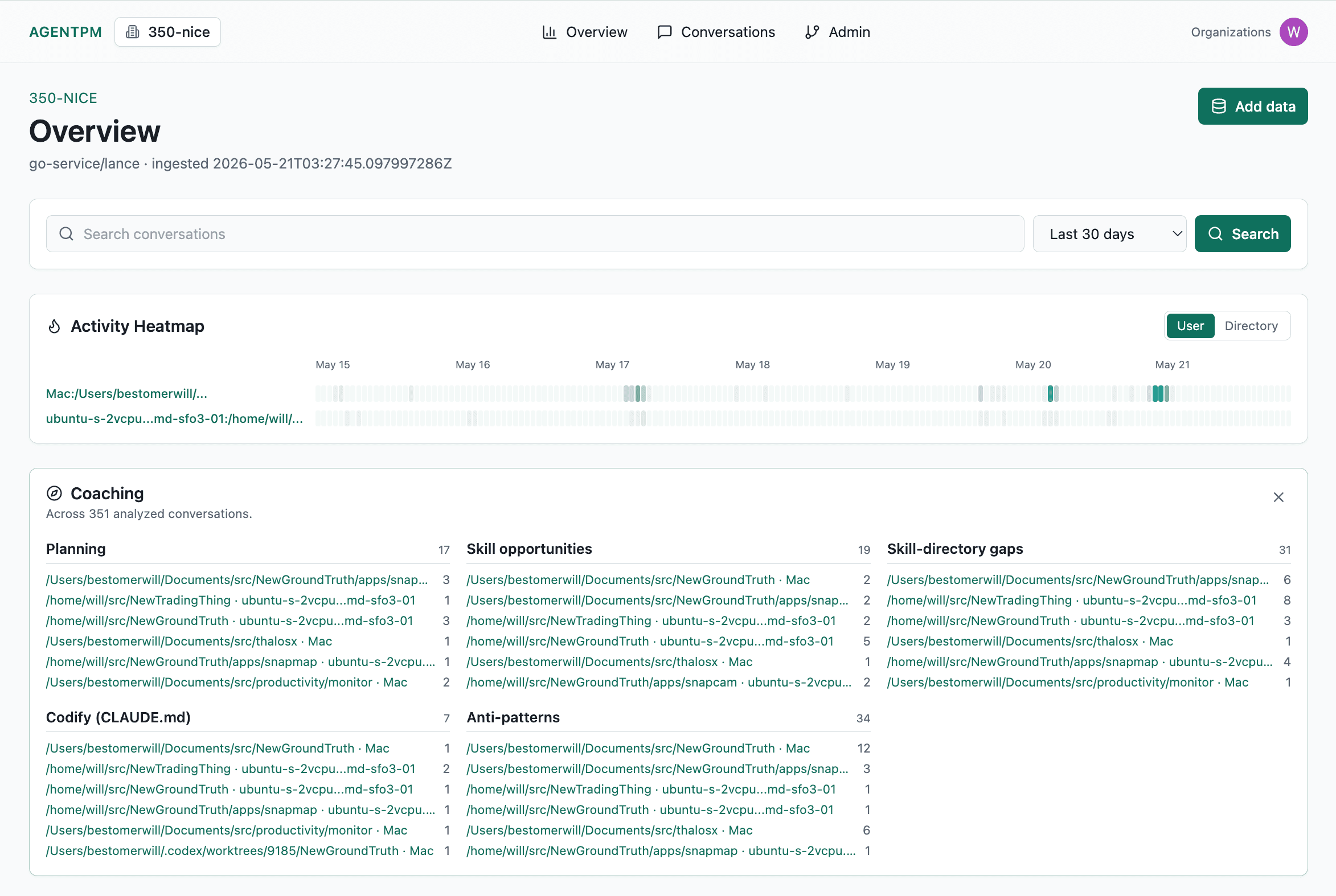 AgentPM Overview page with activity heatmap and coaching categories.